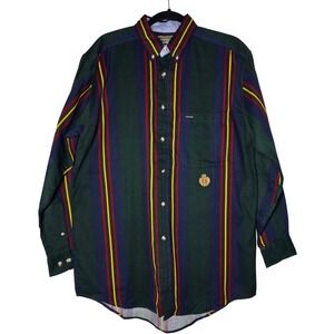 Vintage J Riggins Hunting Horns Striped‎ Button Down Shirt Mens Medium Green 90s